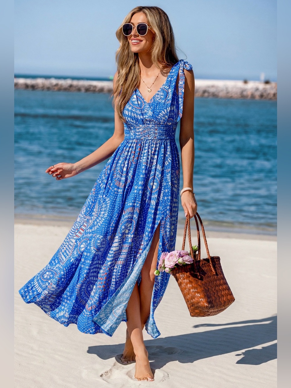 Blue Fresh Berry Paisley Abstract Print V-Neck Tie Straps Maxi Dress